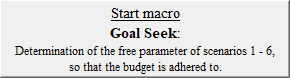 Start macro
Goal Seek:
Determination of the free parameter of scenarios 1 - 6,
so that the budget is adhered to.